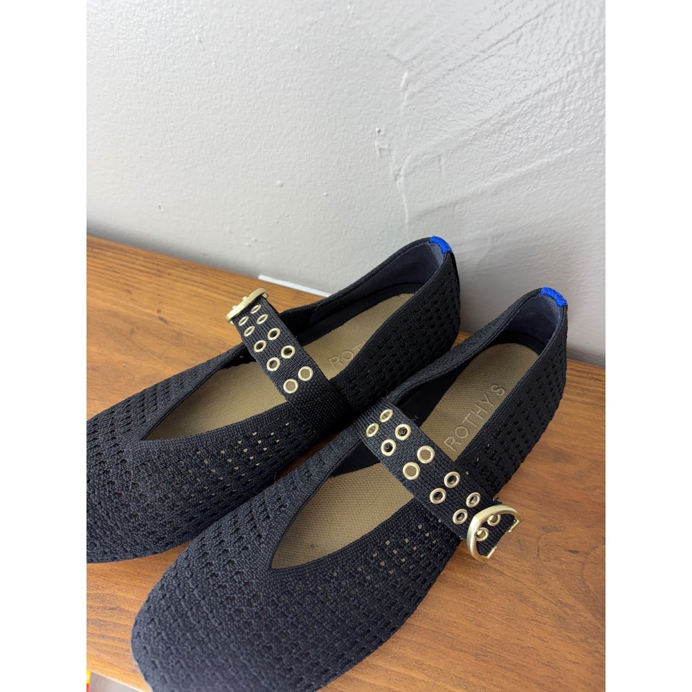 Rothys The Mary Jane Black Eyelet Pointed Toe Flats Gold Buckle Size 8